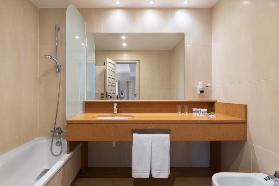 Double Room (matrimonial con vistas a la catedral) | Bathroom | Combined shower/tub, eco-friendly toiletries, hair dryer, towels