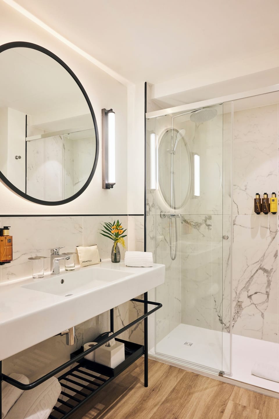 Eco-friendly toiletries, hair dryer, bathrobes, towels