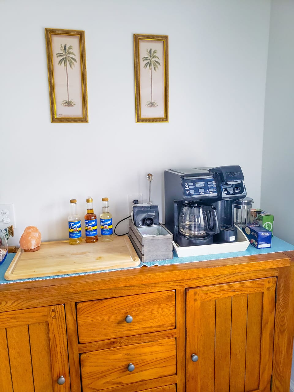Coffee station with drip, french press, Keurig and reusable Keurig pods.