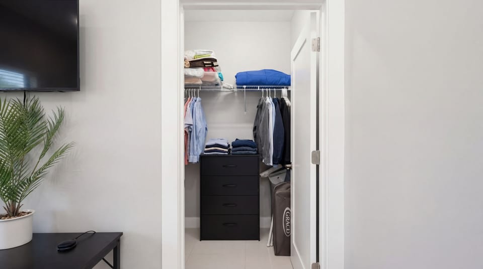 The closet comes with storage and a pack-n-play so families can travel lighter
