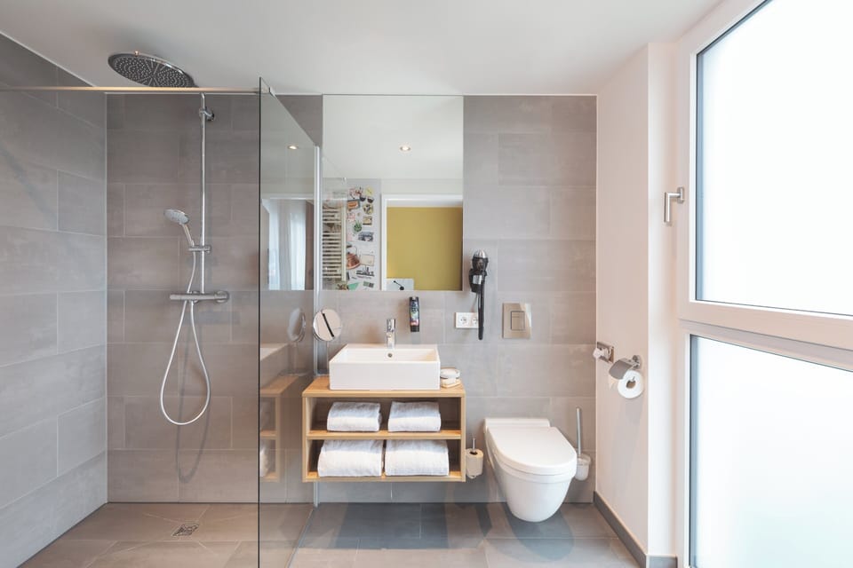 Shower, hair dryer, towels
