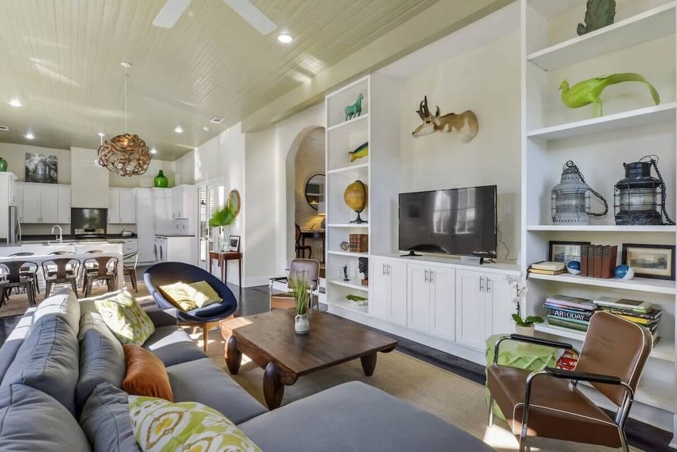Spacious living area with smart TV