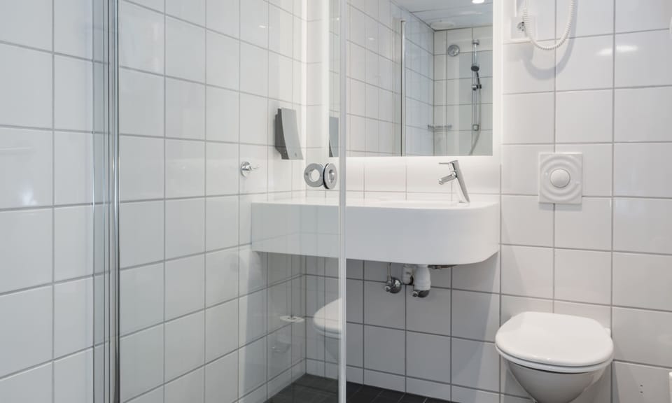Shower, free toiletries, hair dryer, towels