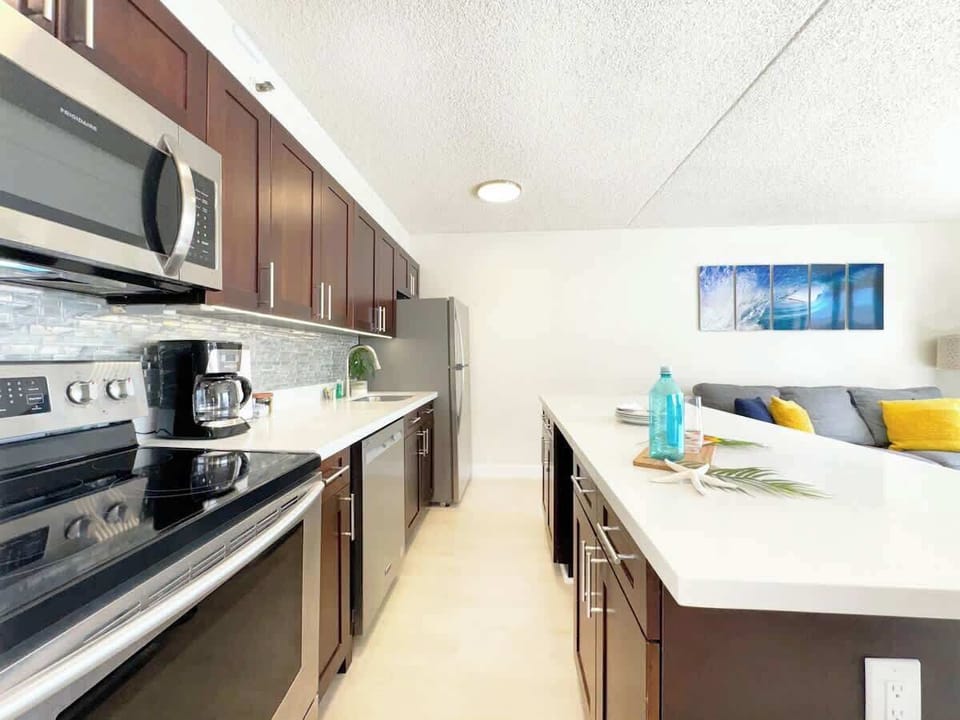 Fully equipped kitchen with full-size appliances and dishwasher.
