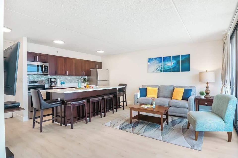 Overview of the living room and kitchen.