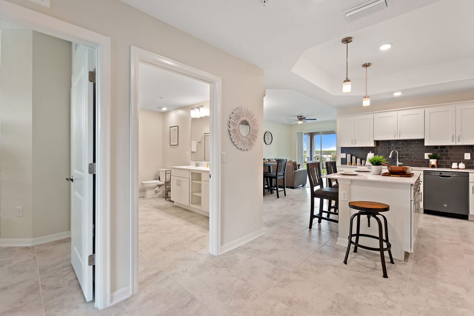 View of the bathroom, living area and kitchen