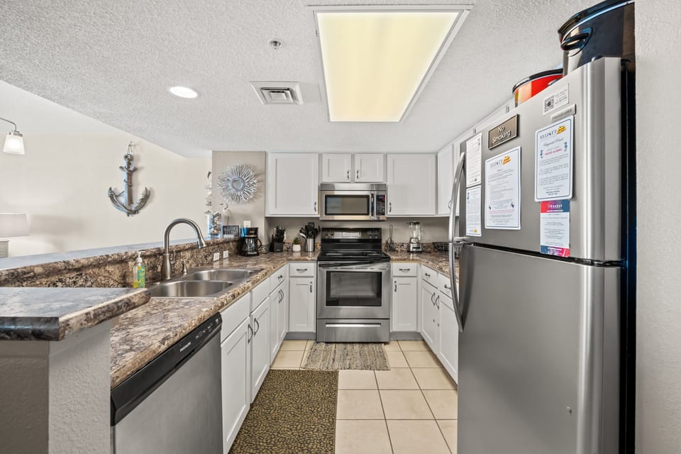 An updated kitchen makes preparing meals a breeze.