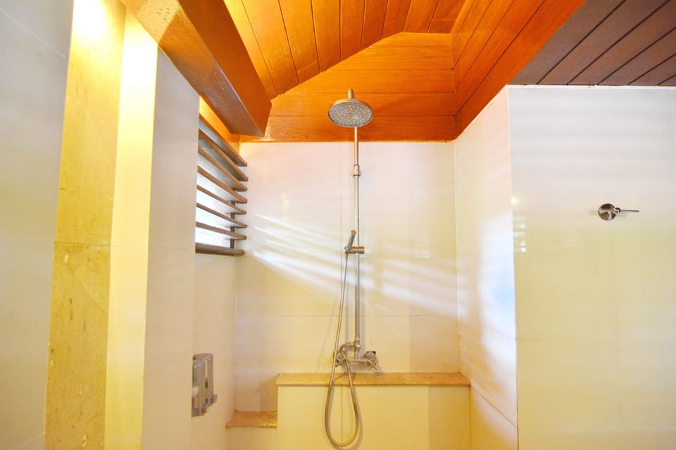 Shower, rainfall showerhead, free toiletries, hair dryer