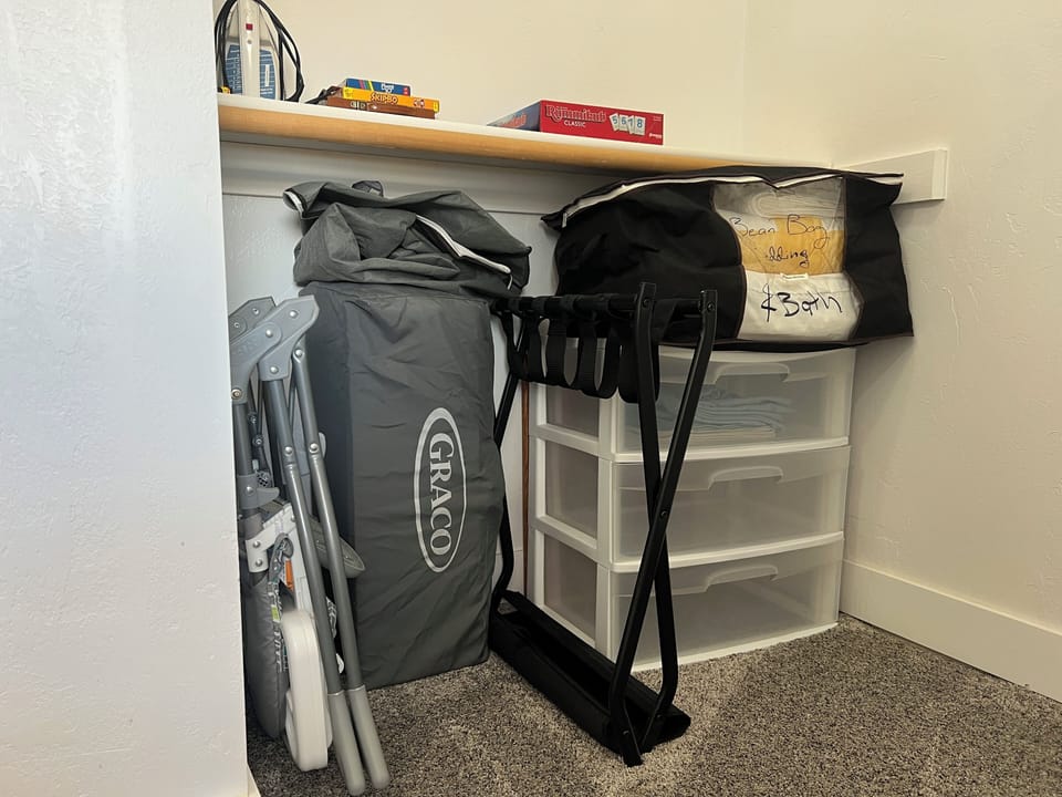 Pack-n-play, high chair, extra bedding available in master closet