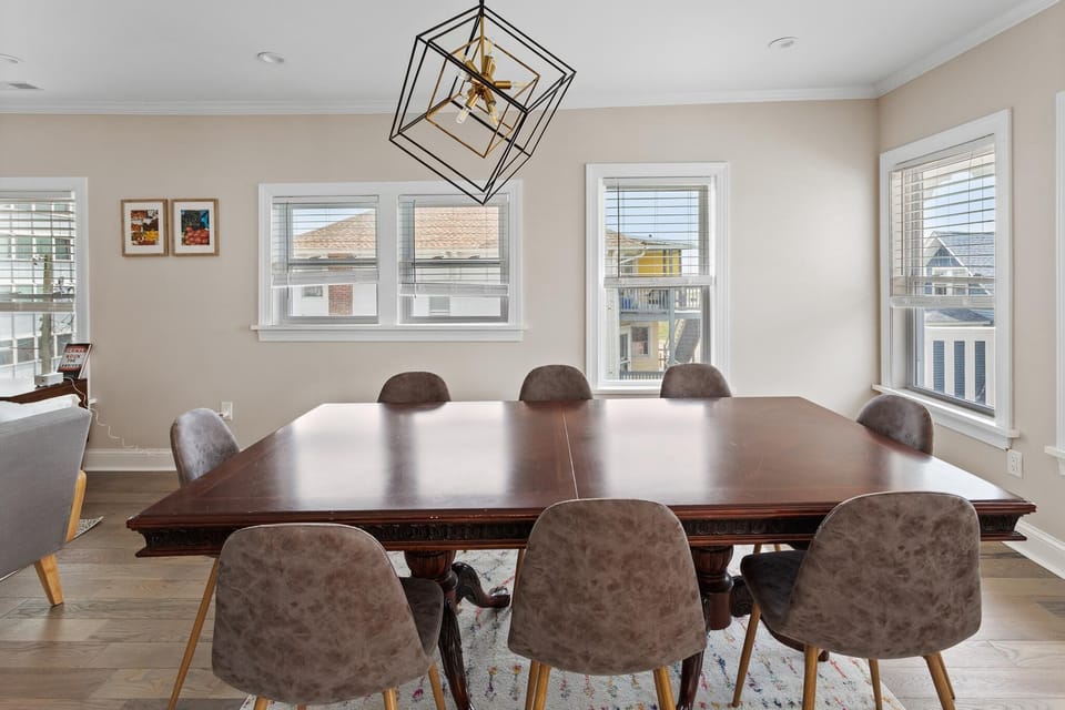 Serve up your meals at the contemporary dining space set for eight (with an available leaf to extend the capacity)