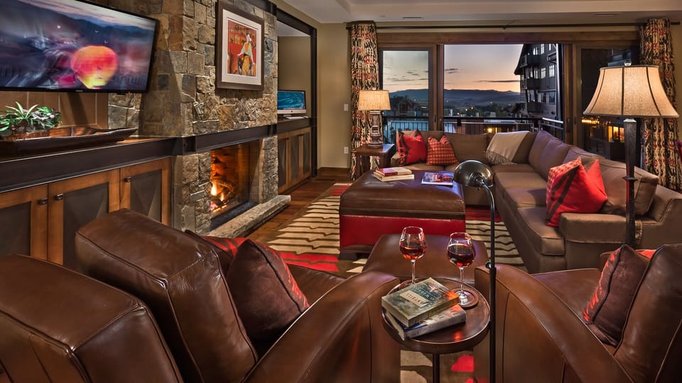 Great Room, Main Level - With fireplace and balcony