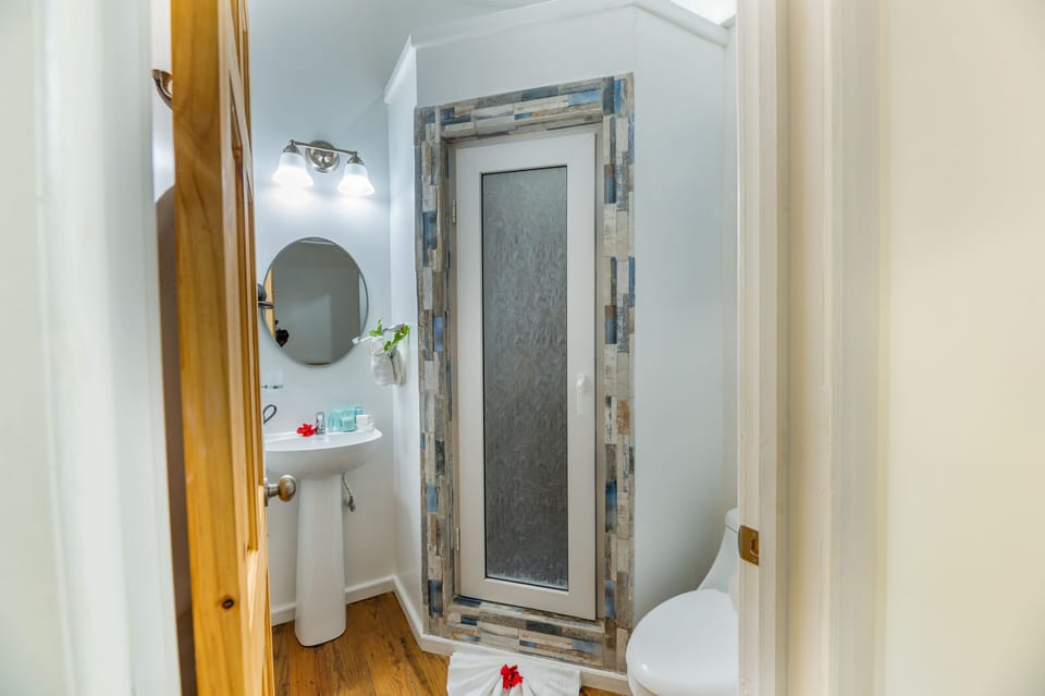Shower, eco-friendly toiletries, hair dryer, towels