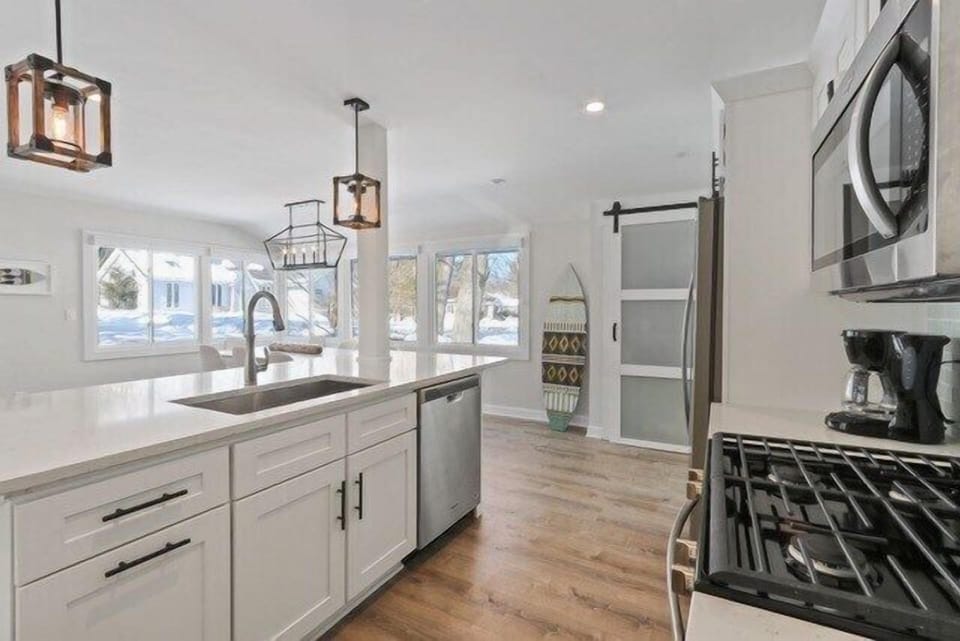 Open kitchen, gas stove, drip coffee maker