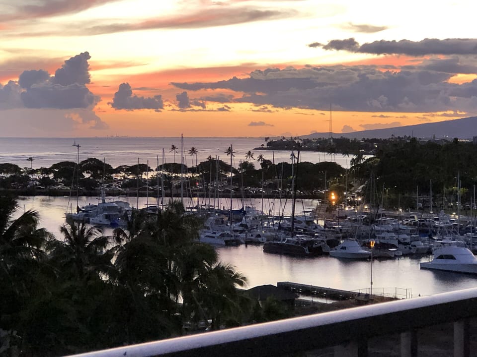 View from condo building elevator area as night comes over magic island.