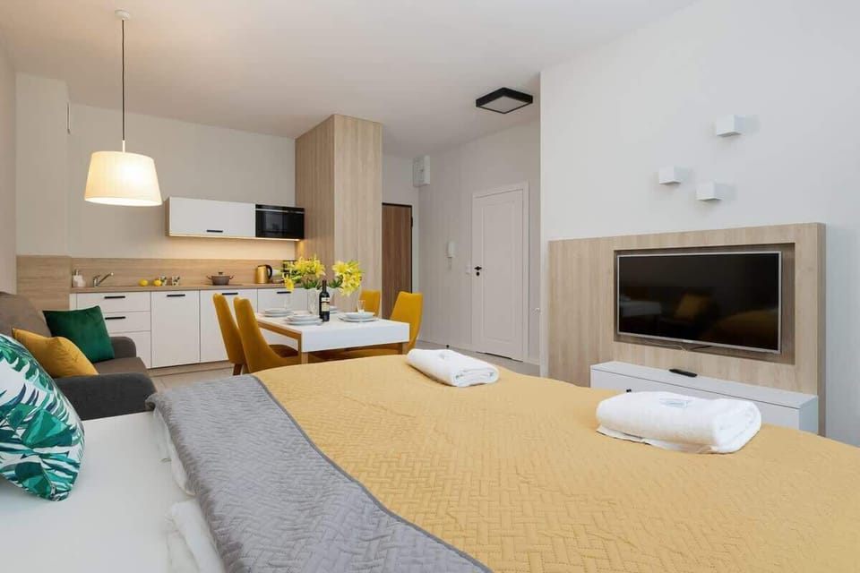 The living area's sleek design is both functional and aesthetically pleasing.