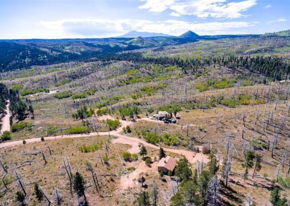 South view of Chalet from overhead looking south over Pikes National Forest.