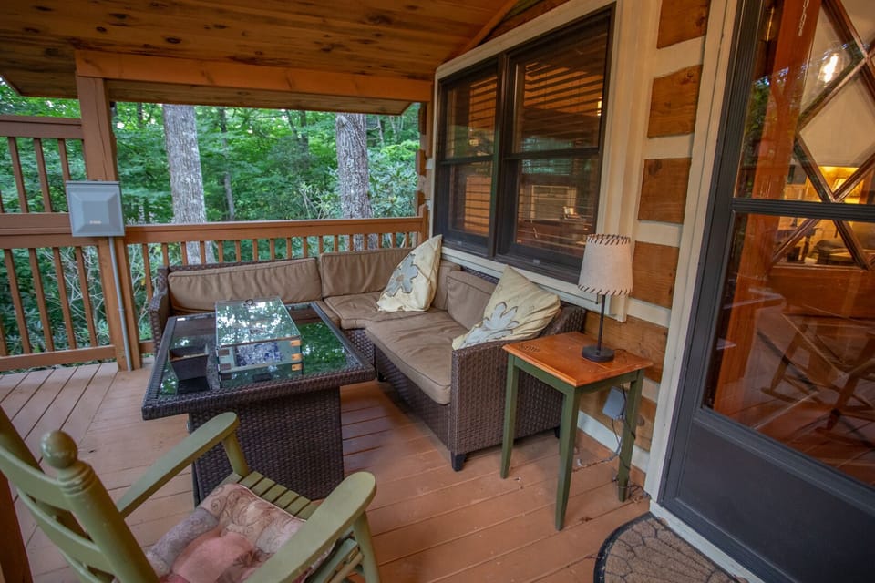 Covered Rear Deck with Comfy Sectional and Gas Fire Table!