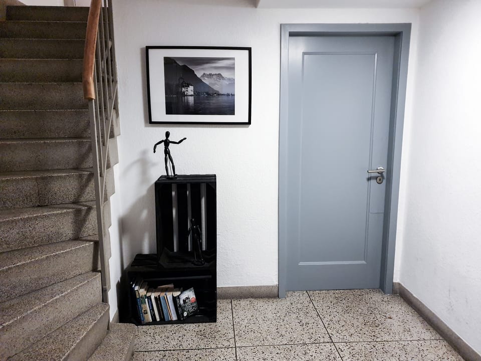Building entrance. The grey door leads to the laundry area. 