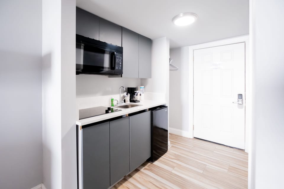 Mini-fridge, microwave, coffee/tea maker