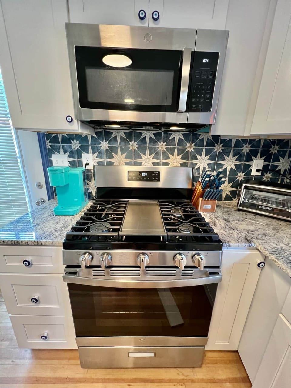 Gas stove, Keurig, drip coffee maker, assorted teas, toaster