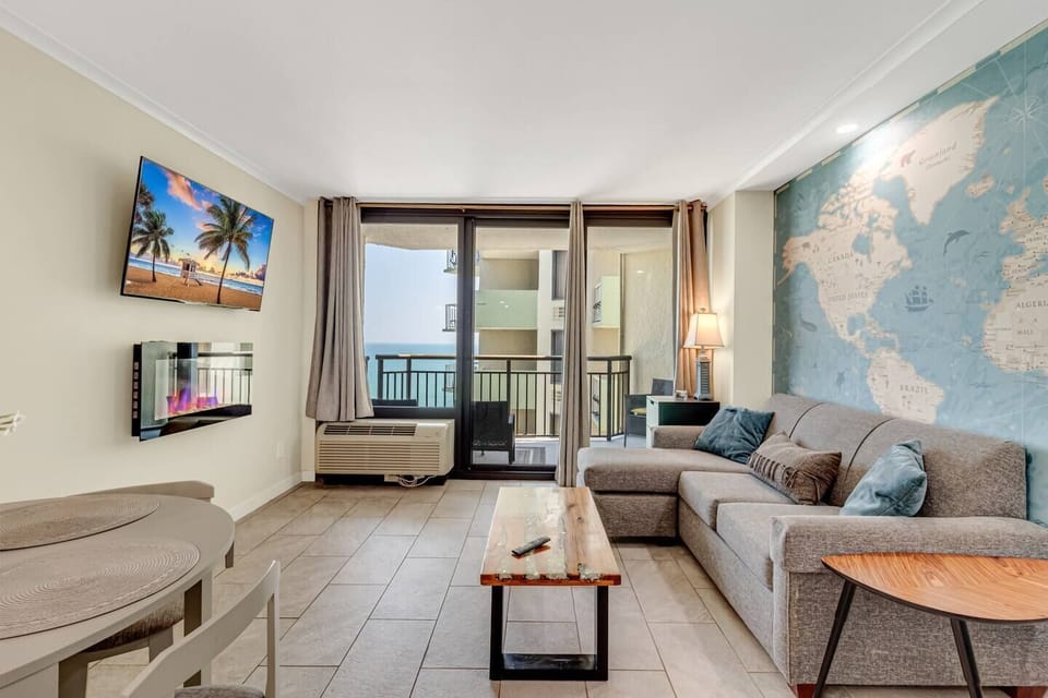 This suite has ceramic tile floors, new paint, upgraded furniture, and a cozy fireplace.