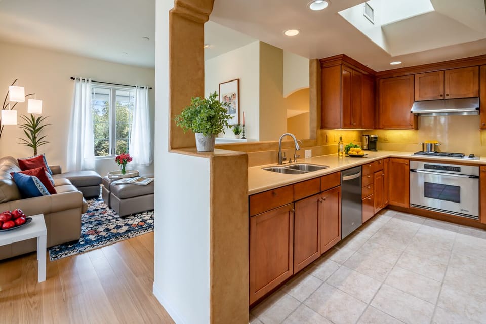 Spacious kitchen with views into the living and dining rooms