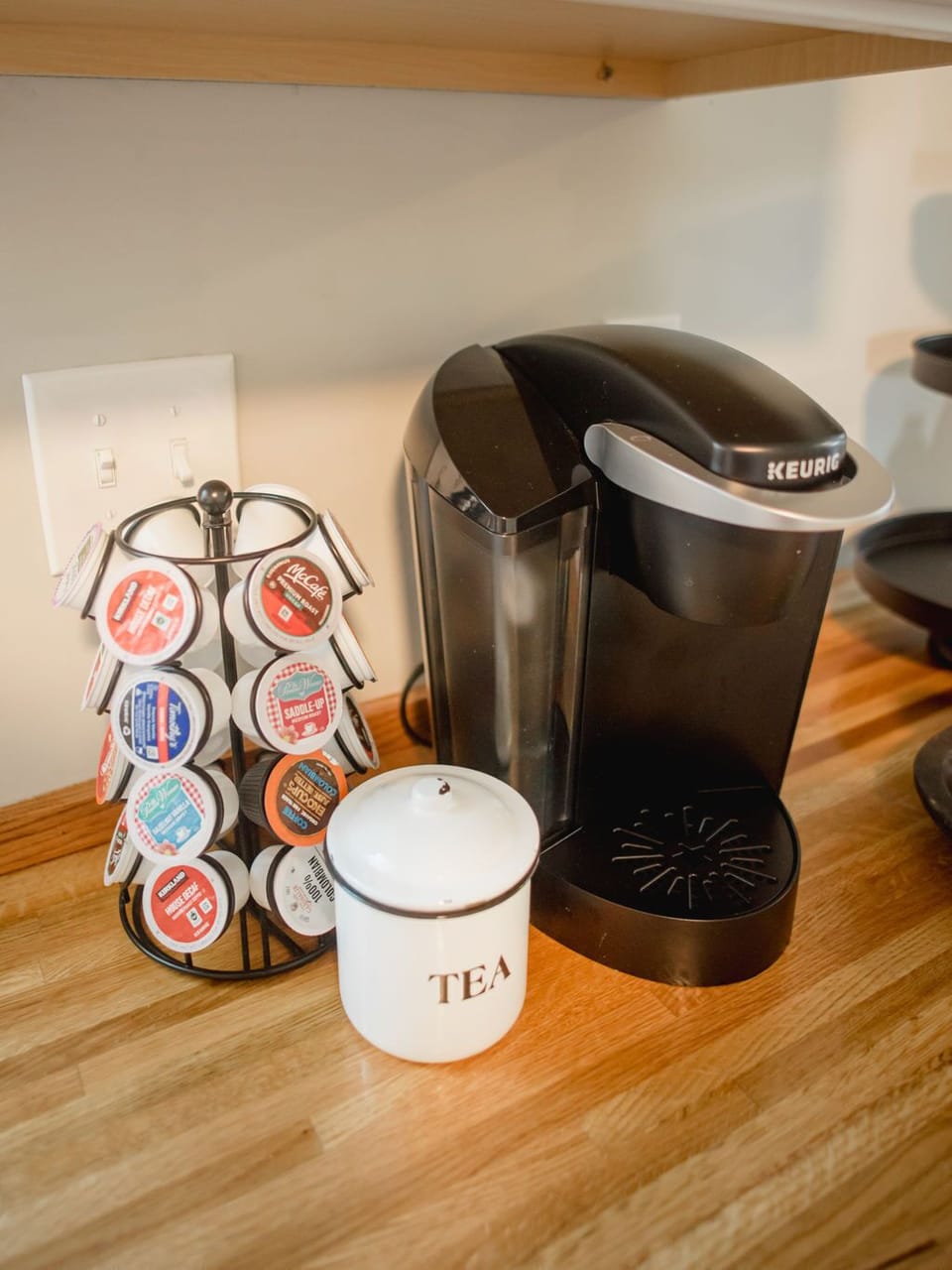 We provide K-cups, sugar, stevia, and dry creamer for your coffee. 