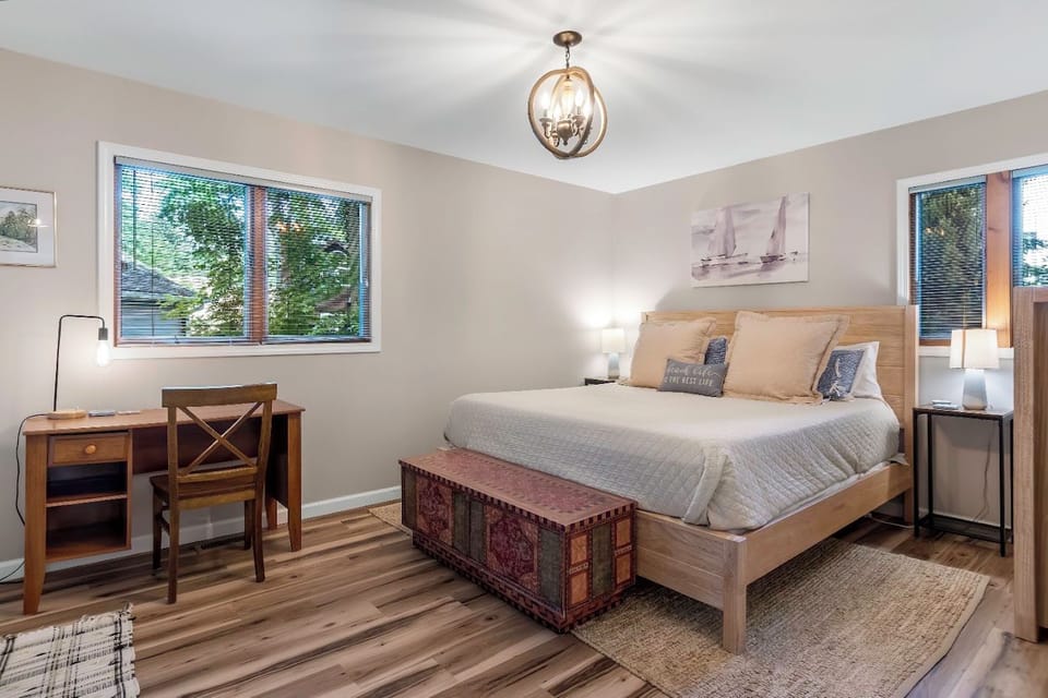 Master bedroom.  King sized bed. Desk space and private patio