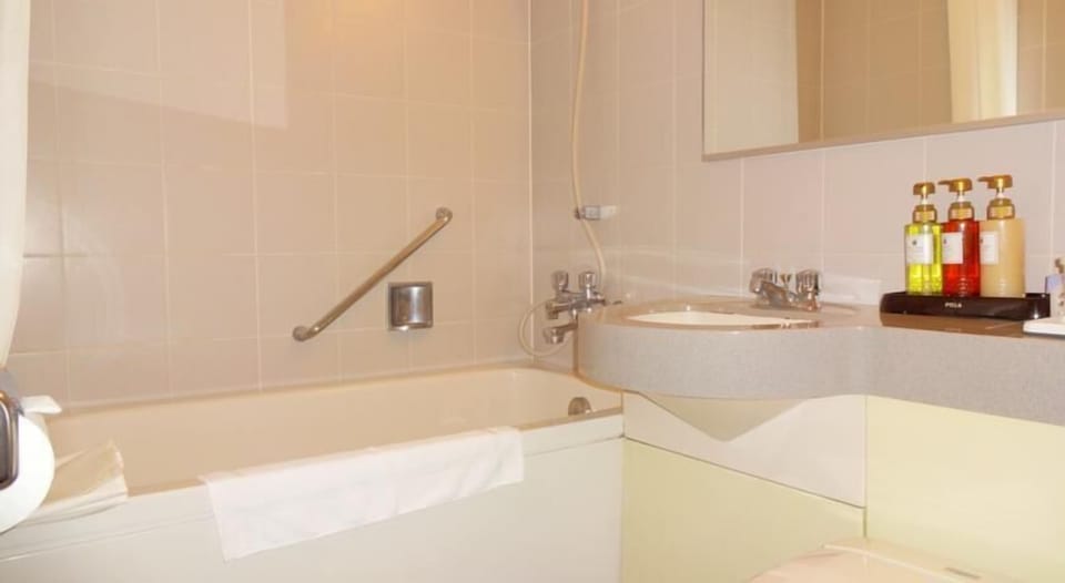 Combined shower/tub, hair dryer, slippers, bidet