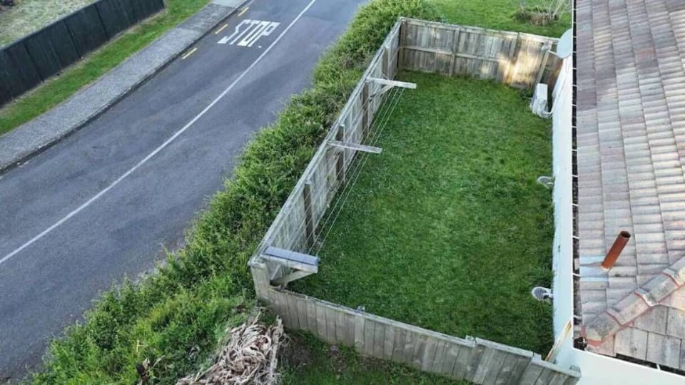Close-fenced area on the side that is accessible from the back to keep dogs.