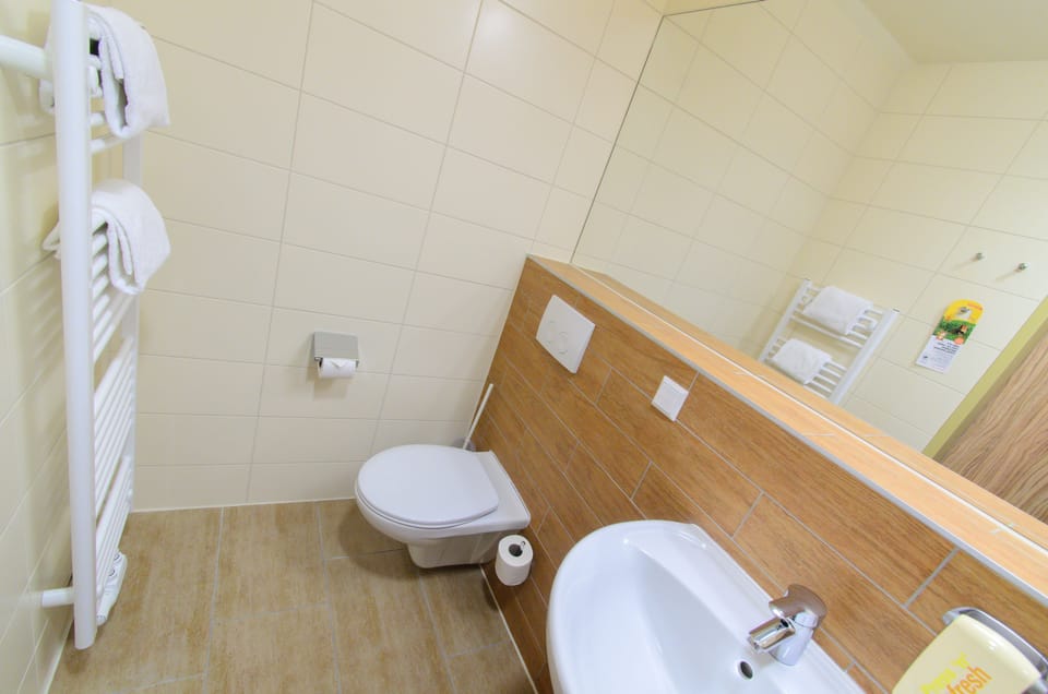 Shower, free toiletries, hair dryer, towels