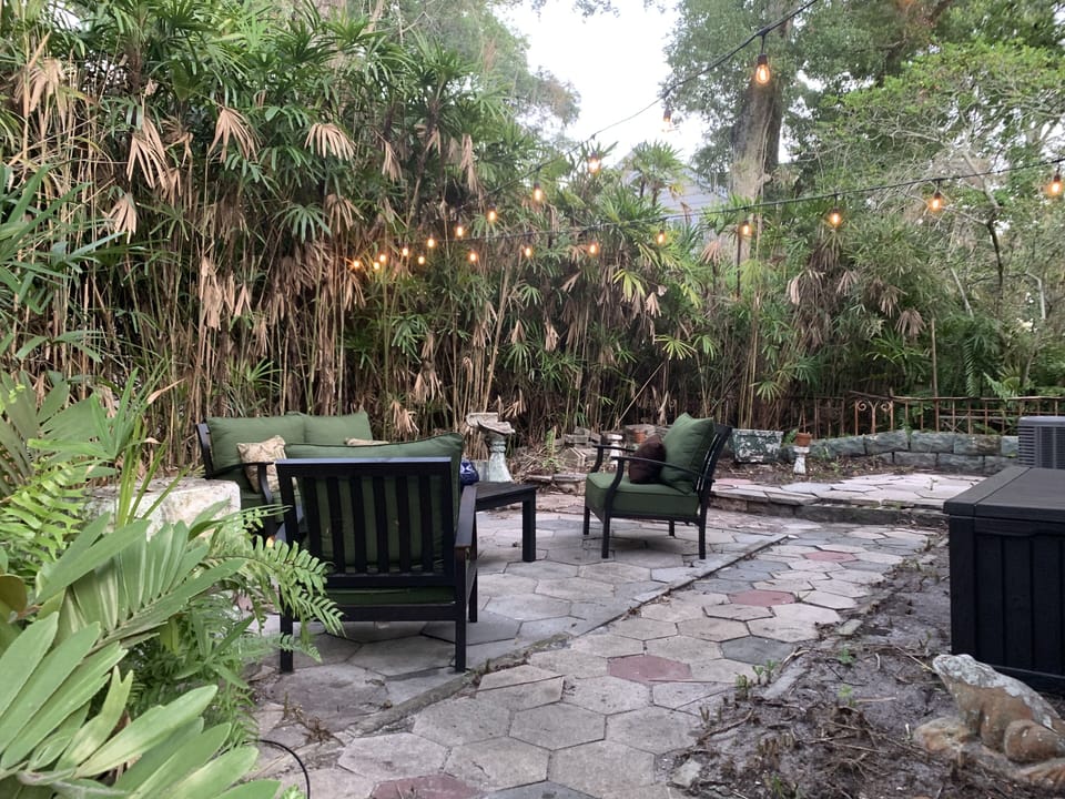Private and quiet with surrounding foliage and an empty lot behind. 
