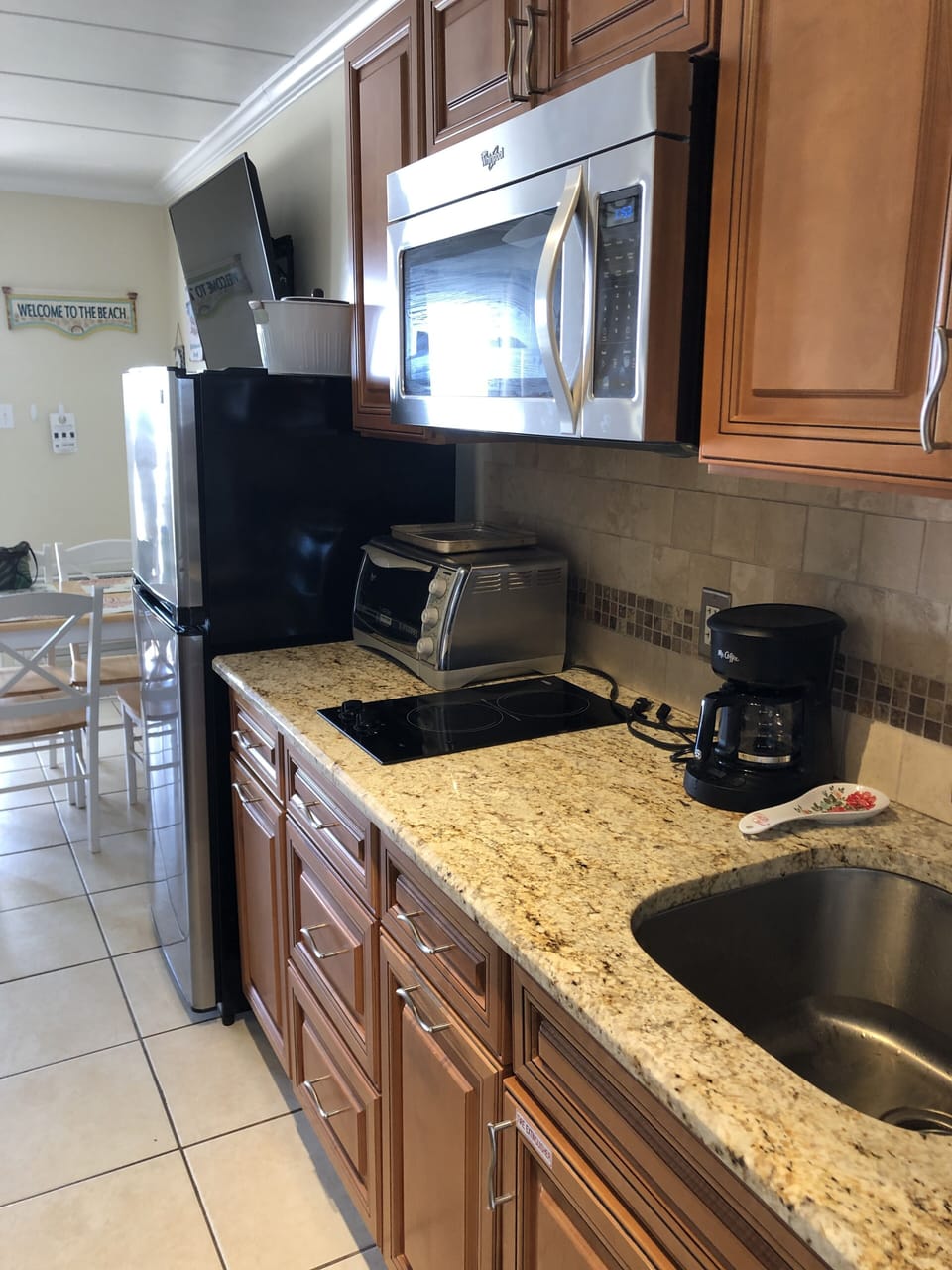 Newly renovated kitchen stocked with all you need to eat in.