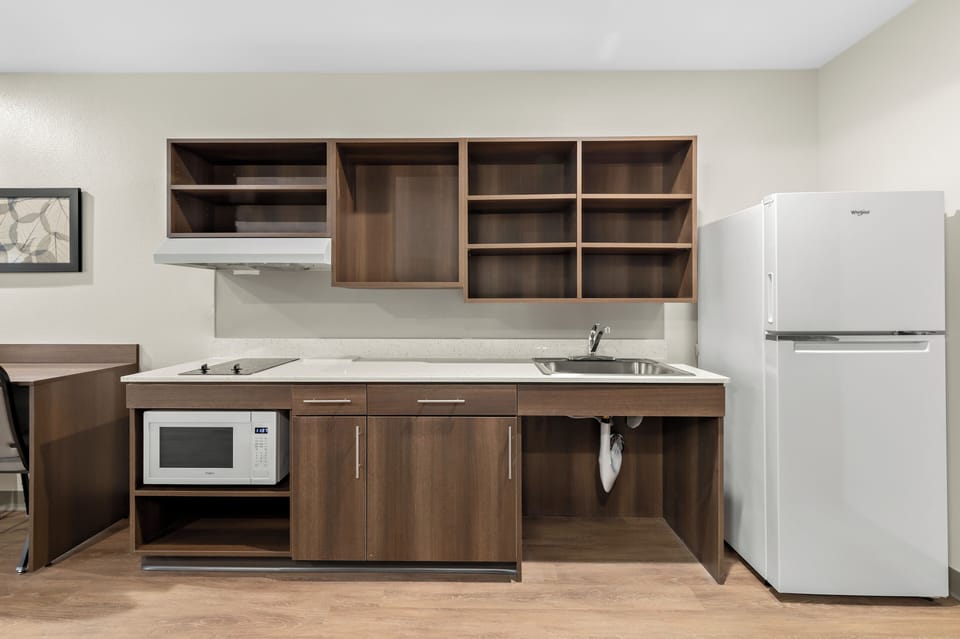 Full-size fridge, microwave, stovetop, freezer