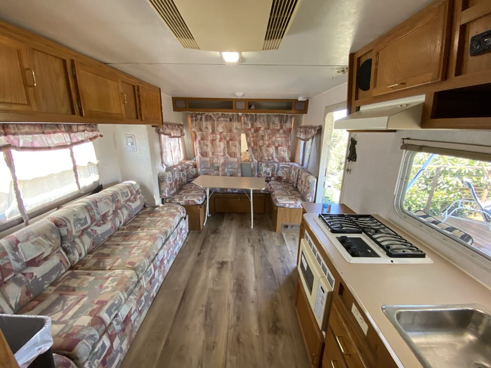 Inside trailer view from back tent bedroom looking toward front