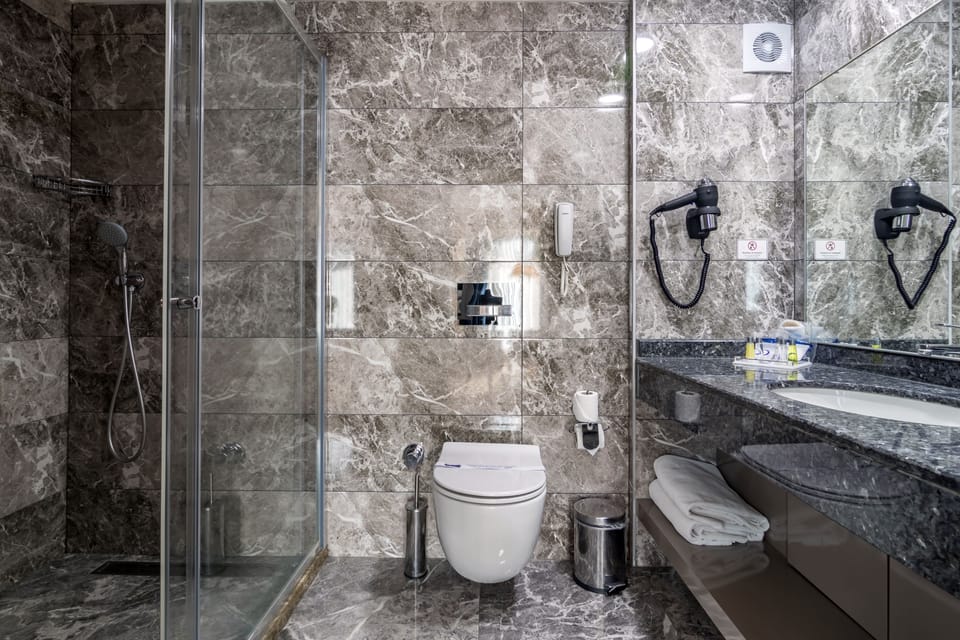 Shower, free toiletries, hair dryer, bathrobes
