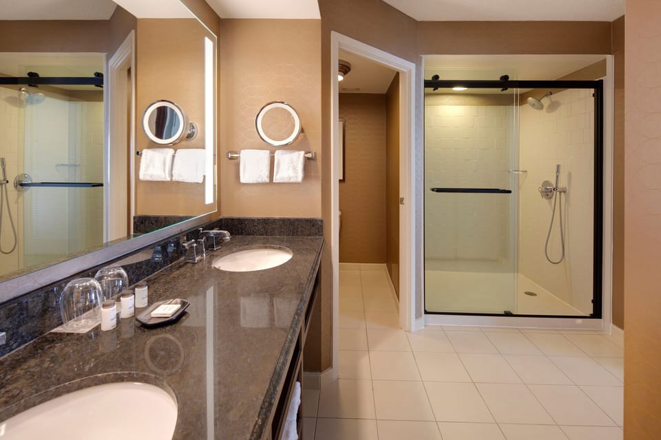 Combined shower/tub, free toiletries, hair dryer, towels