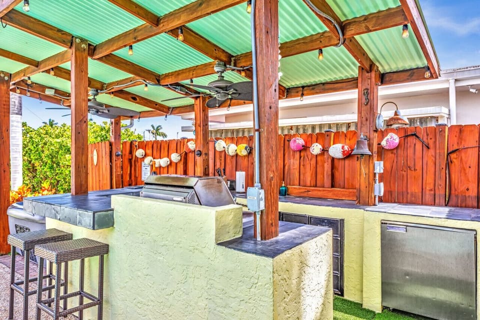Complete outdoor wet bar with propane grill, running water, and mini fridge.