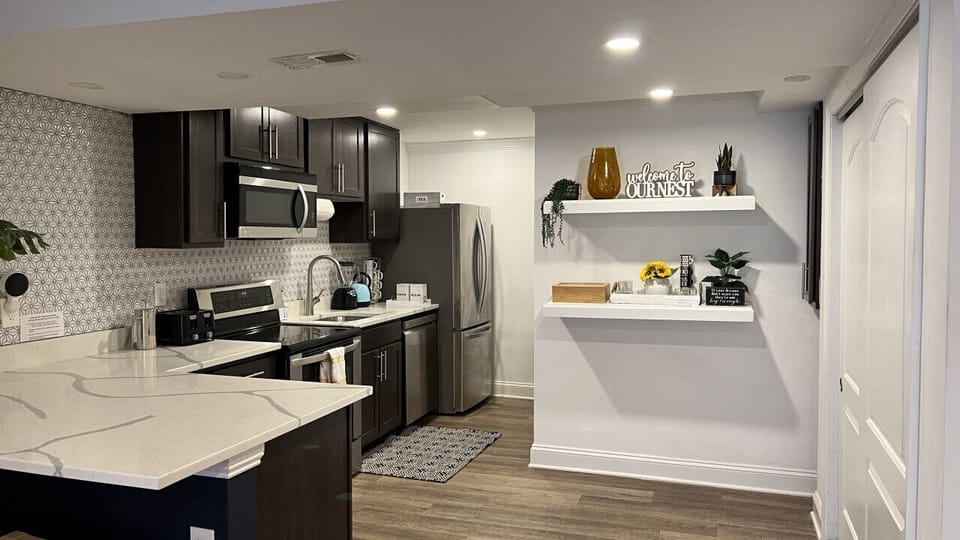 The kitchen is fully stocked with a fridge, freezer, dishwasher, microwave, stainless steel oven, air fryer, blender, knives, cooking utensils, pots/pans, coffee maker and tea kettle   We offer guest complimentary coffee and tea for those early mornings a