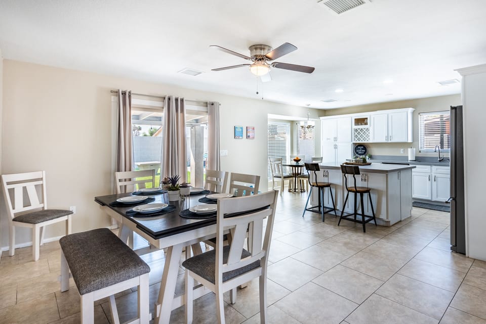 The large dining table is great for meals or family game night.