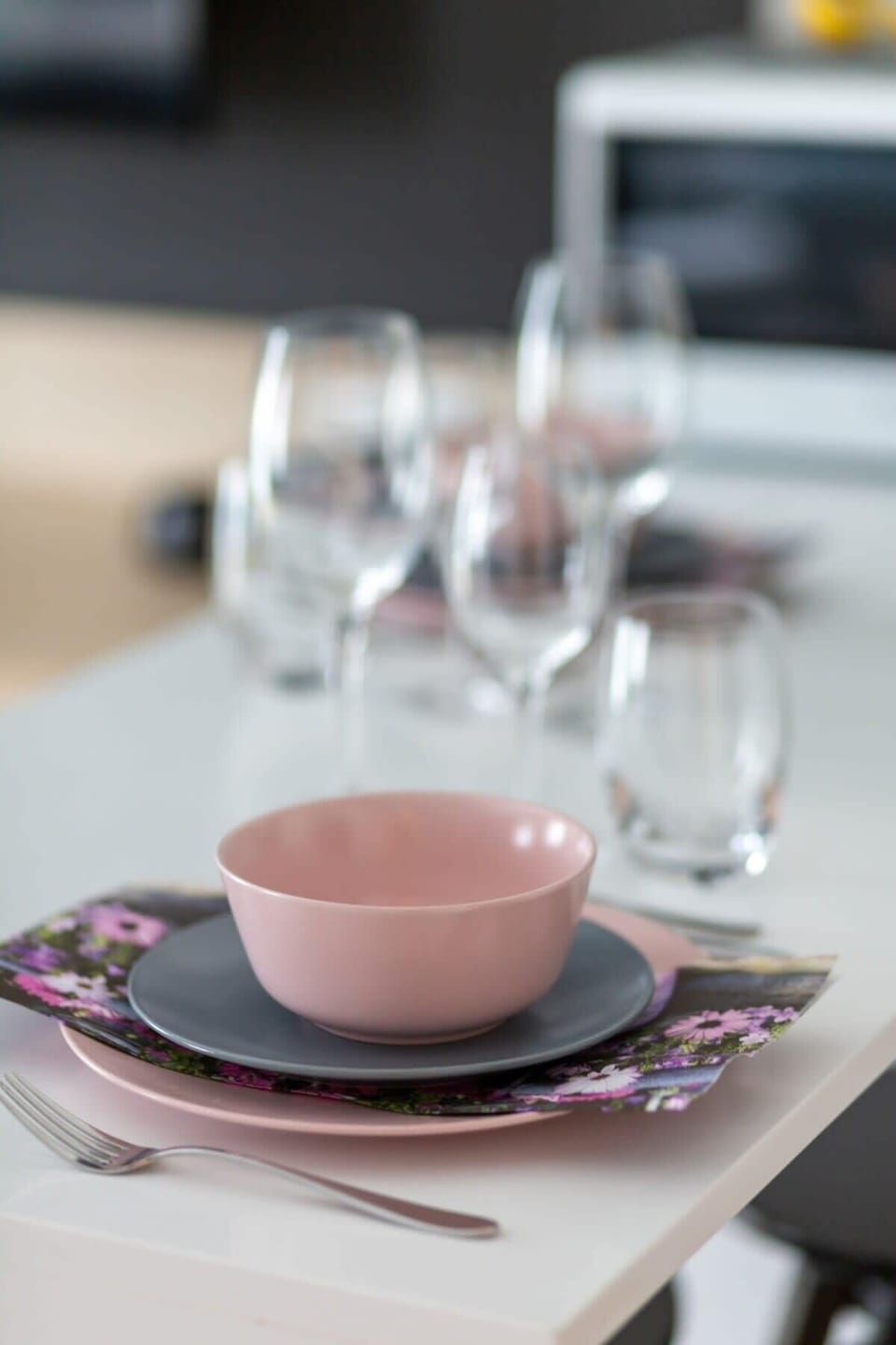 Dining table with tableware.