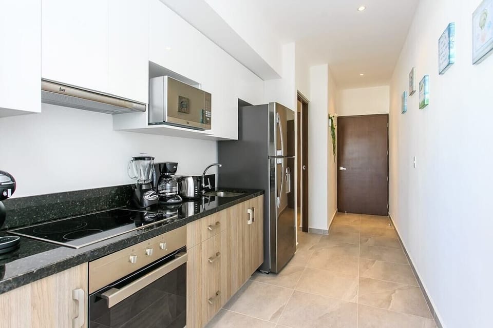Sparkling new fully-equipped modern kitchen.