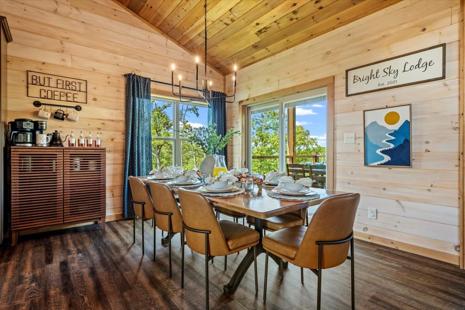 Dine with loved ones beneath rustic beams and warm lighting.
