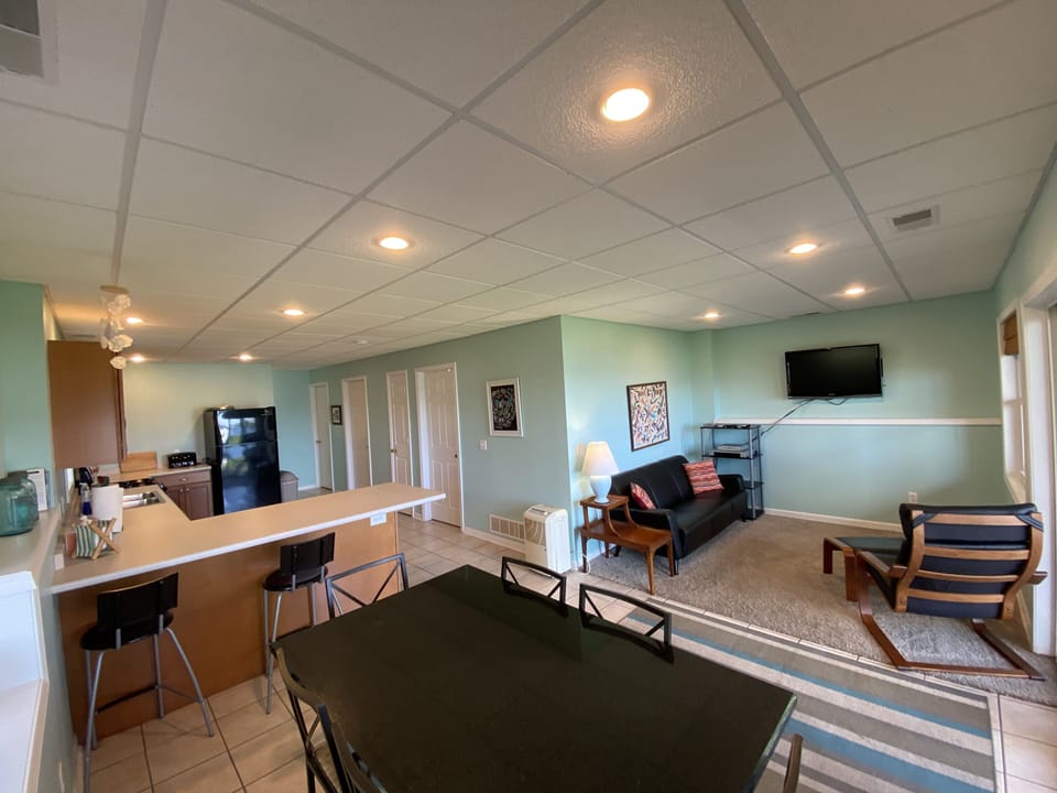 Lower level finished kitchen, dining, living area