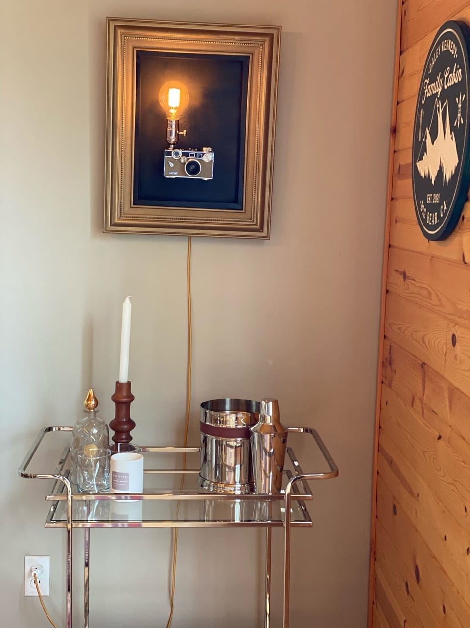 The bar cart has an ice bucket, shaker and more. Perfect for a nightcap 