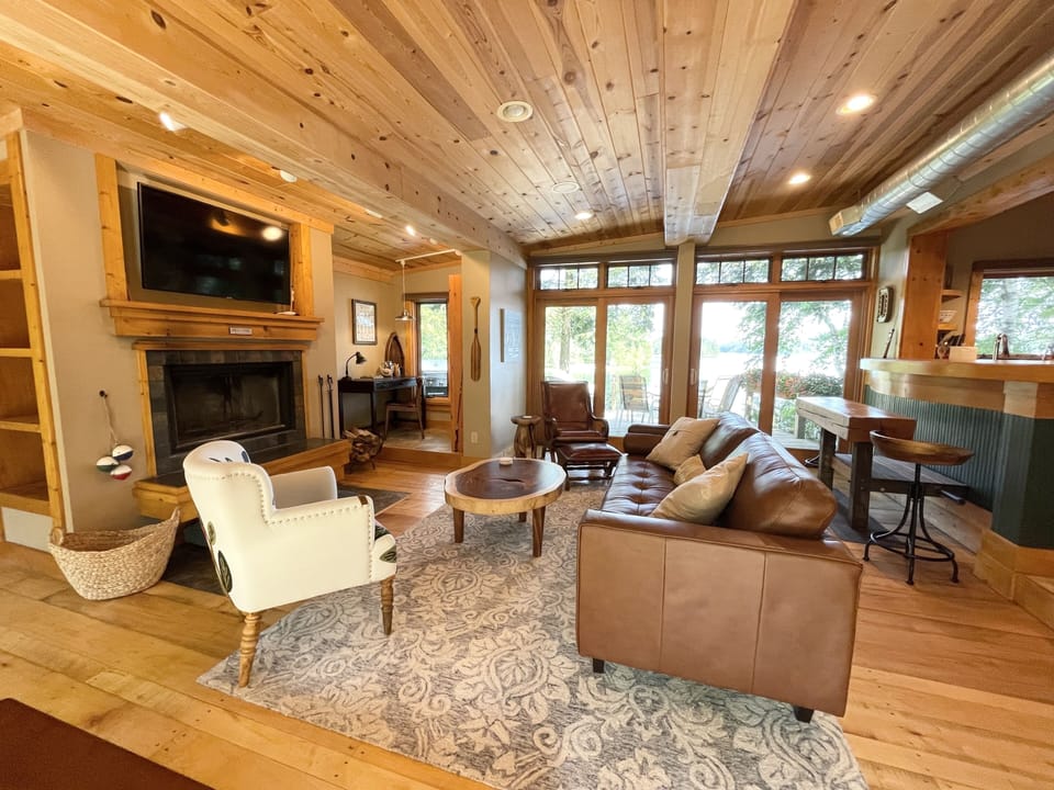 Living room  with glass doors to deck