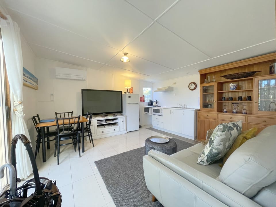 Open plan kitchen/meals/lounge with large TV, cooking facilities, leather couch