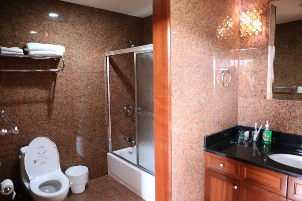 Combined shower/tub, towels