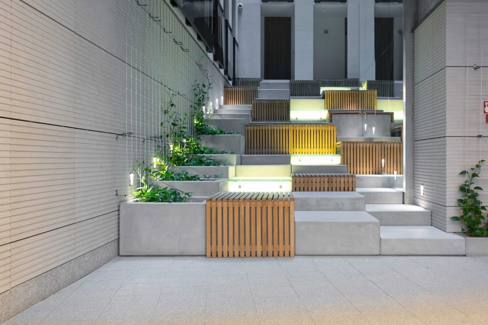 Modern interiors of the building in which the flat is located.