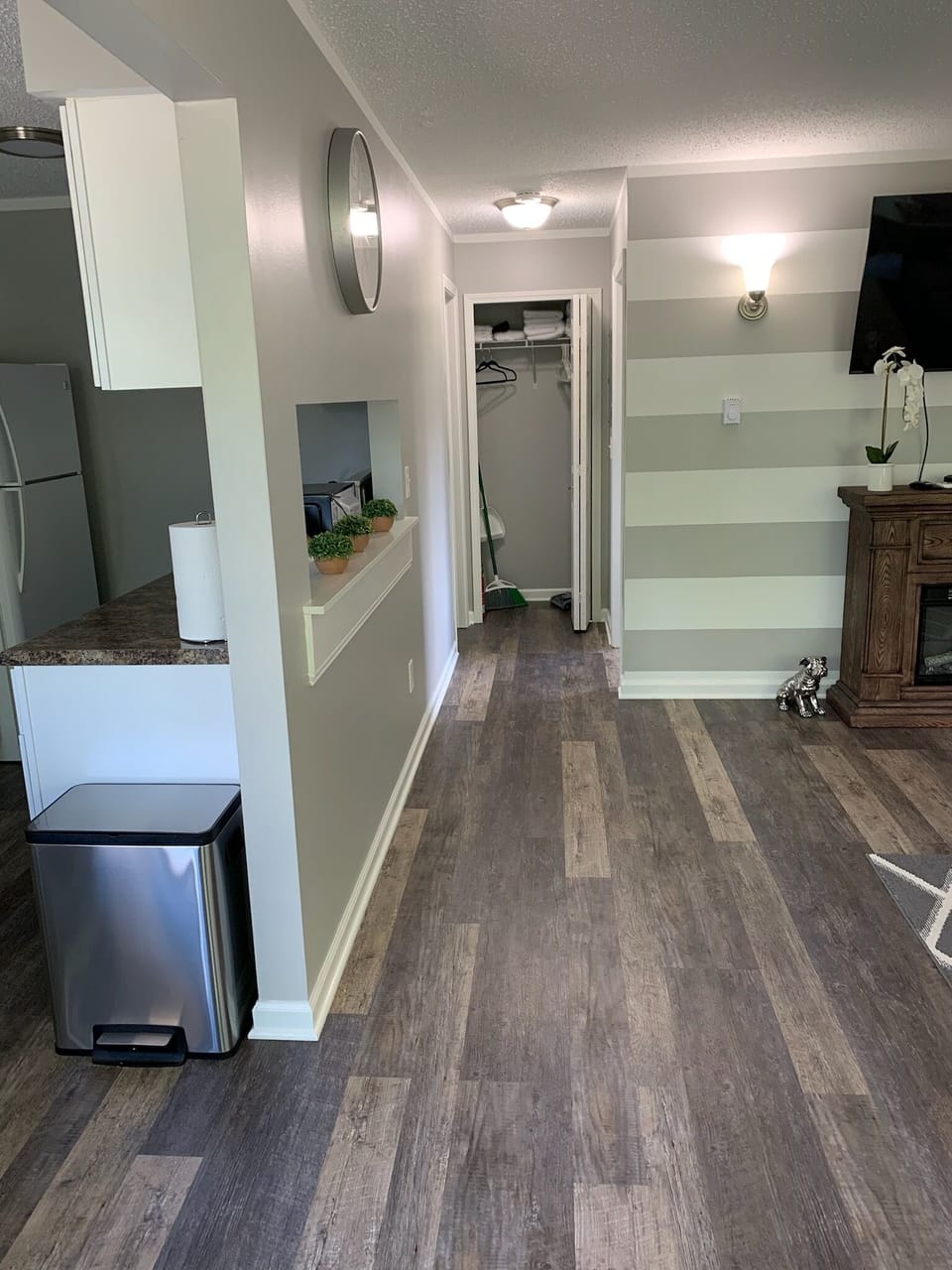 Hall closet for extra storage with cleaning essentials!